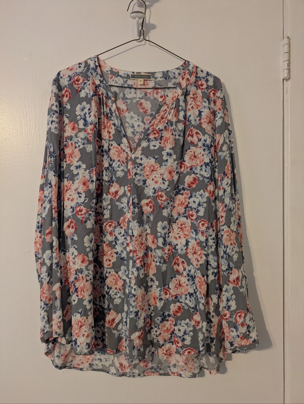 Pleione Gray Floral V-Neck Tunic with Pink & Blue Blooms